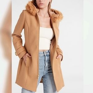 Express faux fur hooded wool-blend coat S Pecan